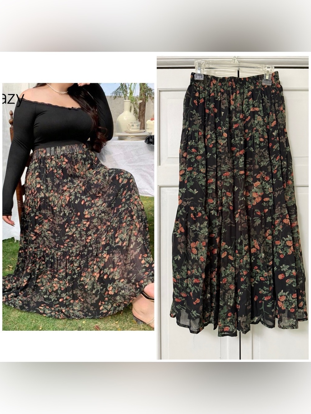 NWT Dazy/Shein Dark Floral Black Tiered Maxi Skirt FairyGrunge Romantic Garden